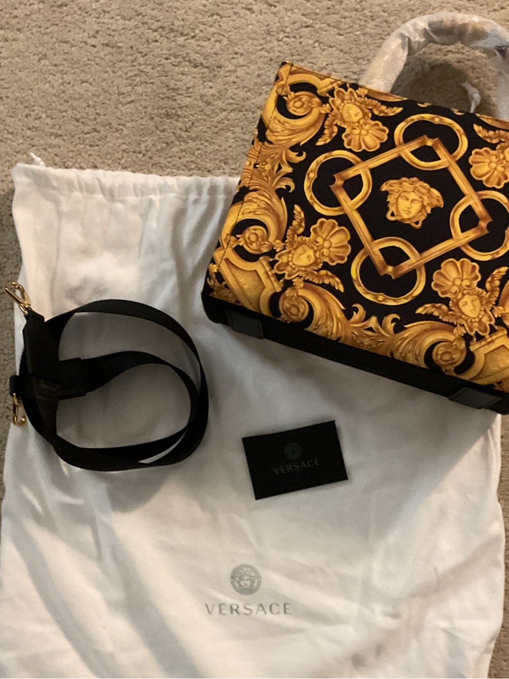New Versace Black and Gold Baroque Top-Handle Satchel